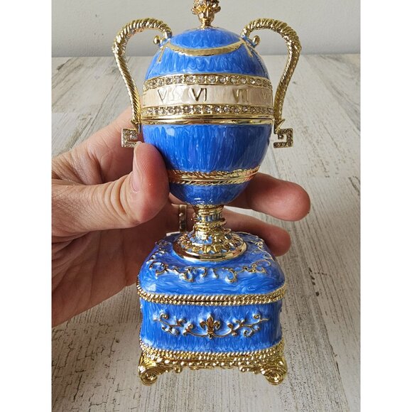 Toscano Katyas Blue trophy egg trinket box hinge jewelry gold rhinestone new - Picture 6 of 8
